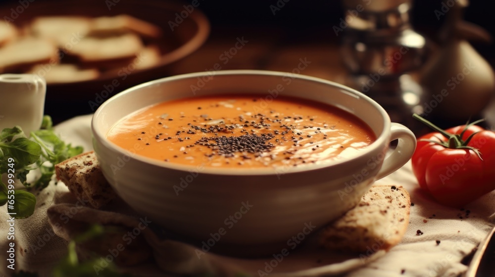 A cozy snapshot of a warm and comforting bowl of creamy tomato soup, embellished with a pat of melted er and a sprinkle of freshly ground black pepper. - obrazy, fototapety, plakaty 