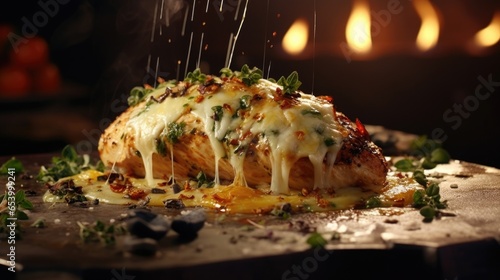 An image capturing the allure of a cheese and herbstuffed chicken . The succulent chicken is filled with a mixture of finely grated parmesan, fresh basil, and garlic, then baked until the