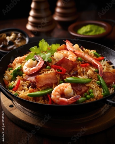 A captivating image capturing a sizzling wok heaping with mouthwatering fried rice, skillfully tossed with an assortment of fresh vegetables, plump juicy prawns, and crispy morsels of smoky
