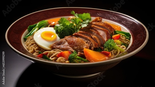 A tantalizing photograph depicting a hearty bowl of rich duck noodle soup, showcasing succulent duck leg confit, tender egg noodles, and a medley of vegetables in a flavorful broth.