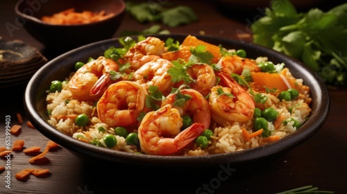 The photograph captures an irresistible dish of sizzling shrimp stirfry, garnished with vibrant cilantro leaves and served on a bed of fluffy bulgur, transforming a classic Asian staple