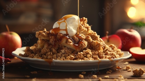 A tantalizing visual of a delightful apple crisp dessert, with a golden oat crumble topping and a bubbling layer of sweetened cinnamoned apples, served warm with a scoop of velvety vanilla photo