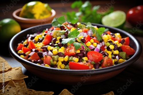 A visually stunning shot capturing a platter of colorful corn and black bean salsa. Vibrant red bell peppers, diced onions, and zesty lime juice perfectly complement the charred corn and