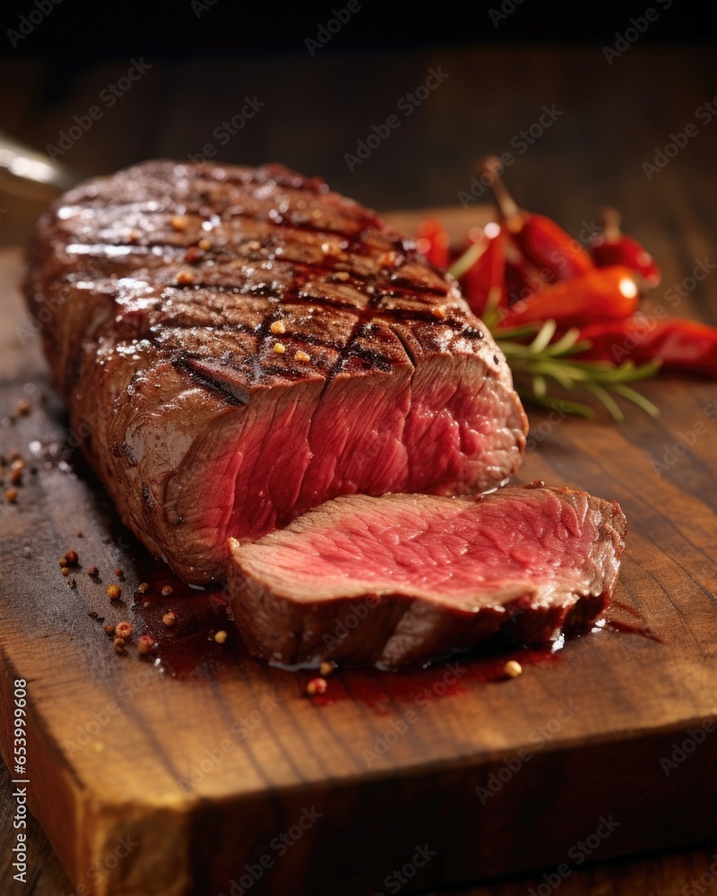 A delectable image showcases a beautifully charred piece of steak, cooked to mediumrare perfection. A delicate sprinkle of paprika enhances the robust flavors of the meat, while its rich