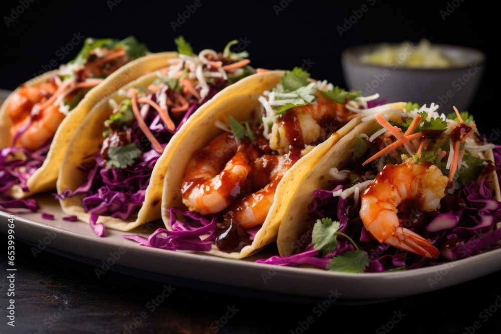 A mouthwatering image of a platter of y shrimp tacos, layered with crunchy slaw, drizzled with tangy sauce, and garnished with a sprinkle of coriander leaves, providing a bright and herbaceous A mouthwatering image of a platter of y shrimp tacos, layered with crunchy slaw, drizzled with tangy sauce, and garnished with a sprinkle of coriander leaves, providing a bright and herbaceous