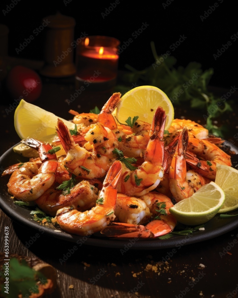 A symphony of flavors and textures unfolds in a plate of succulent grilled prawns, each one marinated in a zesty blend of lemon, garlic, and black pepper, delivering a delightful combination A symphony of flavors and textures unfolds in a plate of succulent grilled prawns, each one marinated in a zesty blend of lemon, garlic, and black pepper, delivering a delightful combination