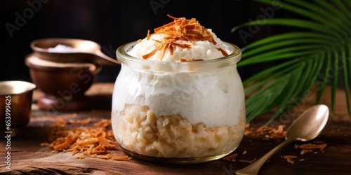 A side view shot of a creamy coconut and ginger rice pudding, served in a glass jar, garnished with a dusting of cinnamon and topped with a dollop of coconut whipped cream for an indulgent