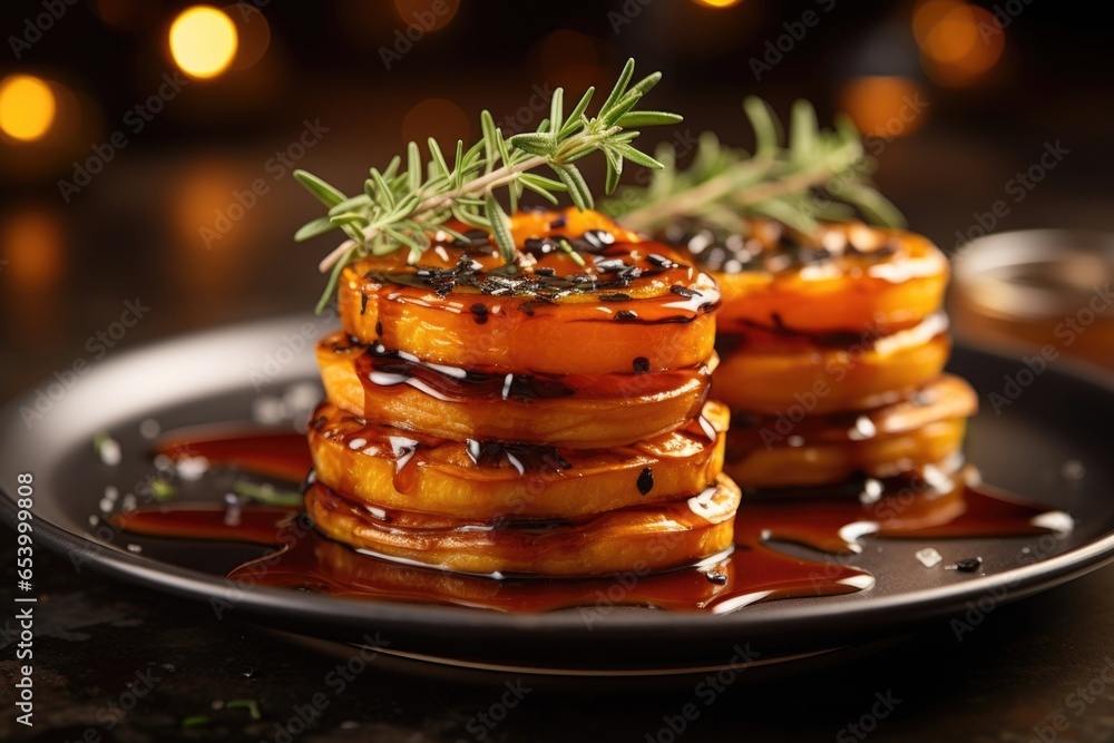 An appealing image showcasing a stack of mini sweet potato and caramelized onion tarts, sprinkled with fragrant thyme leaves and accompanied by a drizzle of tangy balsamic reduction. - obrazy, fototapety, plakaty 