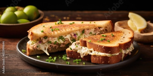 A delectable image capturing the tanginess of a gourmet tuna melt sandwich, oozing with melty Swiss cheese, briny capers, and a zesty lemon mayo, all embraced by slices of hearty rye bread,