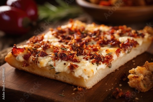 An artistic shot of a squareshaped Sicilianstyle pizza with a thick, airy crust that has a delightful goldenbrown hue, generously topped with melted mozzarella cheese, tangy sundried tomatoes,