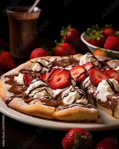 A mouthwatering shot of a decadent dessert pizza, highlighting a sweet, doughy crust drizzled with rich, gooey Nutella chocolate spread, topped with a generous amount of sliced fresh strawberries,