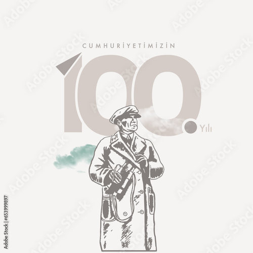 October 29 1923: Translation: 29 October Turkey Republic Day, happy holiday vector, illustration. (Turkish: 29 Ekim Cumhuriyet Bayrami Kutlu Olsun). 100th year logo design.100th anniversary.