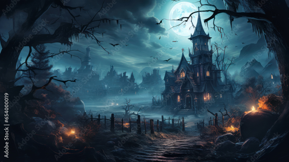 Scary haunted houses in dark misty village on spooky Halloween night