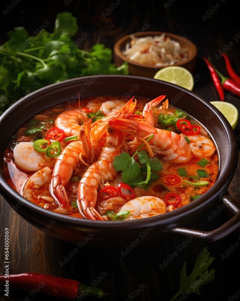 With its fiery red hue, this Tom Yum exudes an aura of iness that will awaken your taste buds. Packed with plump and juicy prawns, tender slices of squid, and an assortment of fresh veggies, With its fiery red hue, this Tom Yum exudes an aura of iness that will awaken your taste buds. Packed with plump and juicy prawns, tender slices of squid, and an assortment of fresh veggies,