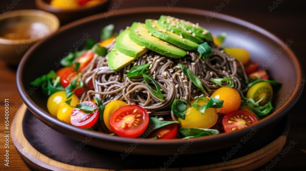 A rustic capture of a delectable soba salad, with toothsome noodles tossed with a tangy miso dressing, complemented by colorful heirloom tomatoes, ery avocado slices, and a sprinkling of