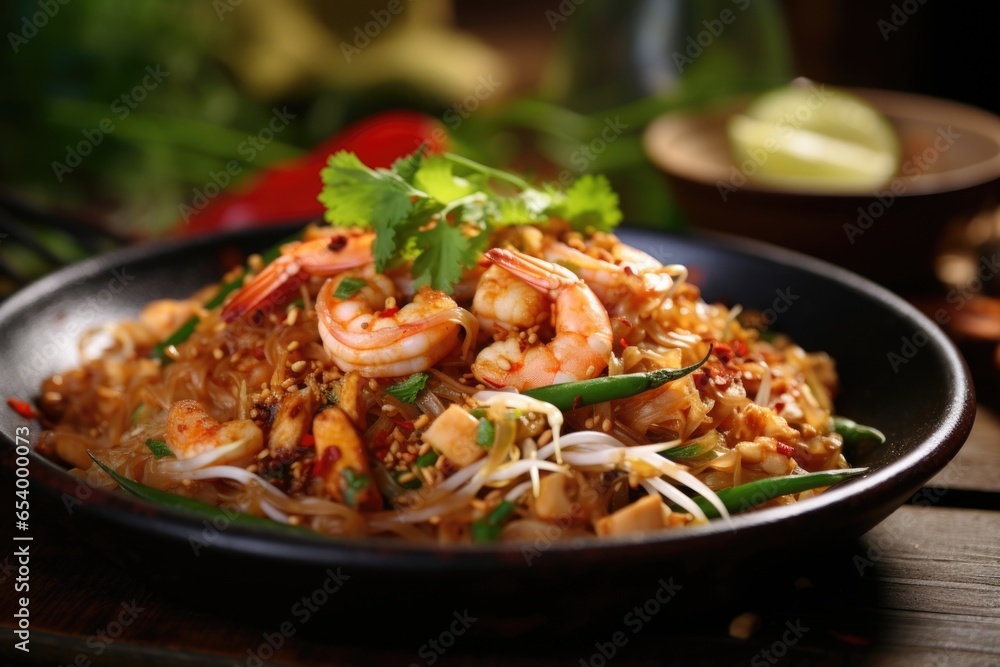 A captivating shot captures classic Pad Thai at its finest, revealing an amalgamation of perfectly cooked rice noodles boasting a tantalizing medley of flavors, from the umami of fish sauce A captivating shot captures classic Pad Thai at its finest, revealing an amalgamation of perfectly cooked rice noodles boasting a tantalizing medley of flavors, from the umami of fish sauce