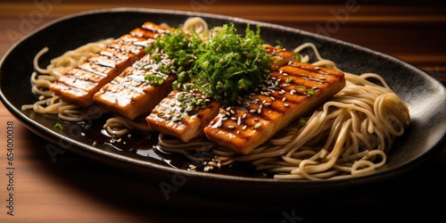 An irresistible image of grilled tofu nestled enticingly on a bed of cold soba noodles delicately dressed in a refreshing blend of soy sauce, rice wine vinegar, and a hint of fragrant toasted
