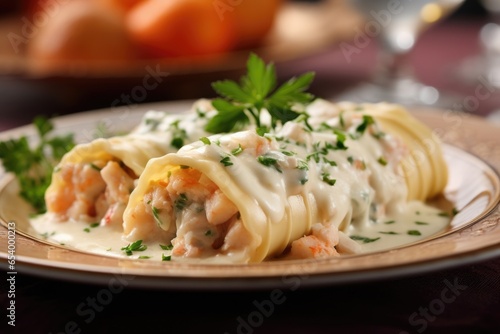 A tempting closeup image presents a serving of seafood cannelloni filled with an enticing combination of succulent shrimp, tender scallops, and flaky white fish, all enveloped in perfectly photo