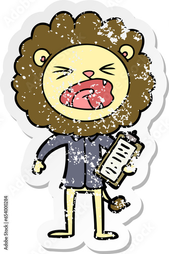 distressed sticker of a cartoon lion salesman