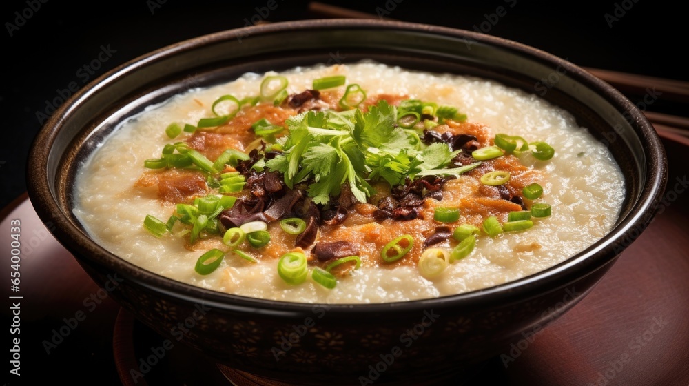 A visually pleasing shot of a steaming bowl of comforting Chinese congee, with its creamy, ricebased porridge gently simmered to perfection, often accompanied by a variety of toppings such