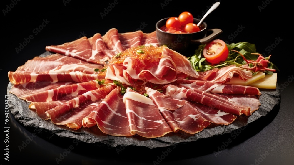 An artistic arrangement of thinly sliced Jam n Serrano tantalizes the taste buds in this captivating food shot, exhibiting the deep red hues and delicate marbling of this prized Spanish