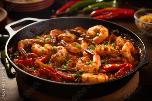 Allow your senses to be transported to Spain with this tantalizing image of Gambas al Pil Pil, featuring plump shrimp bathed in a sizzling hot skillet, infused with a fiery blend of olive