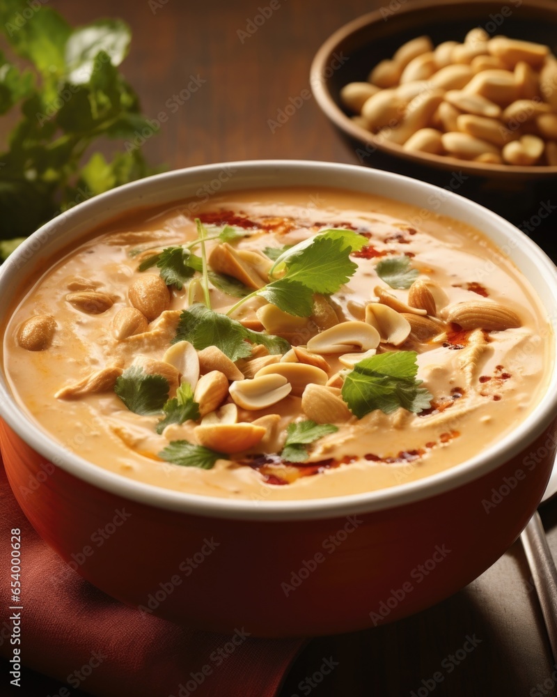 A comforting bowl of peanut soup captivates with its creamy, velvety texture and the subtle nutty undertones that warmly embrace chunks of succulent chicken.