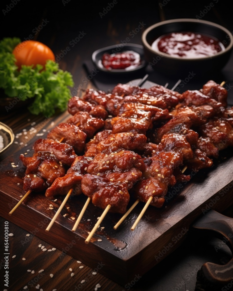 A tempting display of Korean fried chicken skewers, each skewer adorned with succulent chicken chunks marinated in an assortment of es. The skewers are perfectly charred, imparting a slight