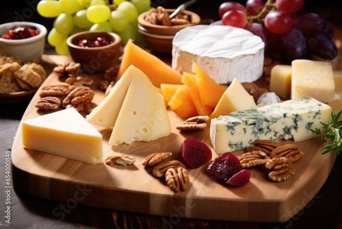 An overhead photograph captures a rustic wooden board adorned with an array of artisanal cheeses, each with its unique flavor profile, complemented by an assortment of homemade preserves