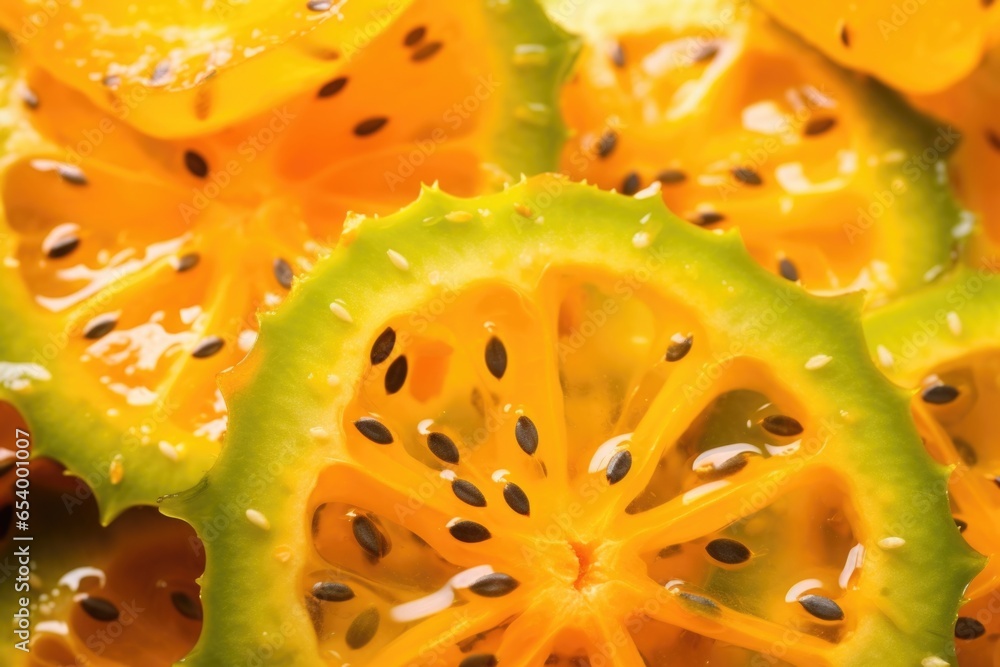 A composition of sliced kiwano melon, also known as African horned