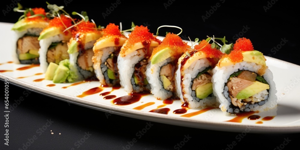 Experience a dynamic explosion of flavors in this sushi roll, where y tuna meets the smooth creaminess of ripe avocado, and a smoky finish from grilled eel adds depth. Topped with a colorful Experience a dynamic explosion of flavors in this sushi roll, where y tuna meets the smooth creaminess of ripe avocado, and a smoky finish from grilled eel adds depth. Topped with a colorful