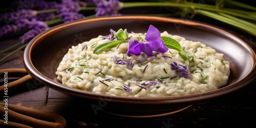 A bowl of rich and creamy lavenderinfused risotto, the Arborio rice cooked to perfection, absorbing the distinct floral flavors, while being delicately balanced by other ingredients, resulting photo
