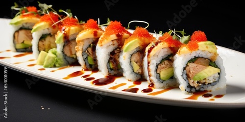 Experience a dynamic explosion of flavors in this sushi roll, where y tuna meets the smooth creaminess of ripe avocado, and a smoky finish from grilled eel adds depth. Topped with a colorful