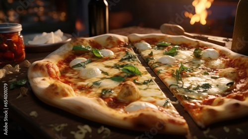 The fragrant combination of basil and melted mozzarella creates an irresistible aroma that wafts from the pizza, tantalizing the senses and whetting your ap. photo