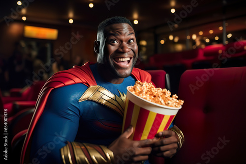 African american man in cosplay superhero costume is watching movie in the cinema