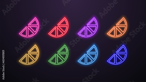 Neon orange and lemon icons in different colors on a dark background.