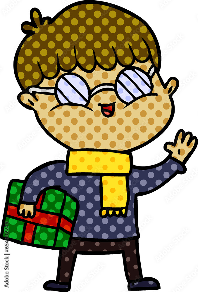 cartoon boy wearing spectacles carrying gift cartoon boy wearing spectacles carrying gift