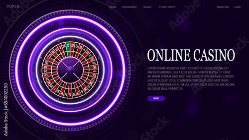 A web banner with a neon bright glowing roulette for a casino in blue on a dark purple background.