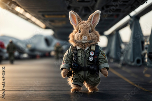 Rabbit in fighter pilot outfit walks on military aircraft carrier