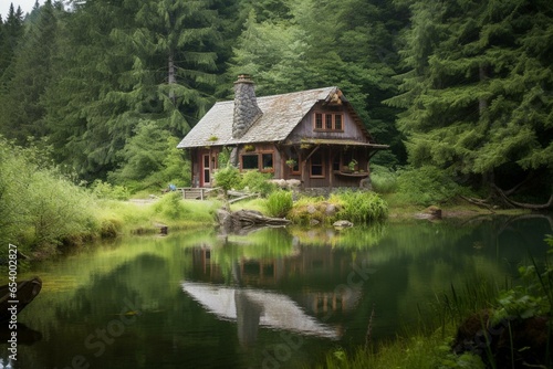 Rustic cabin nestled by serene lake surrounded by lush forest. Generative AI