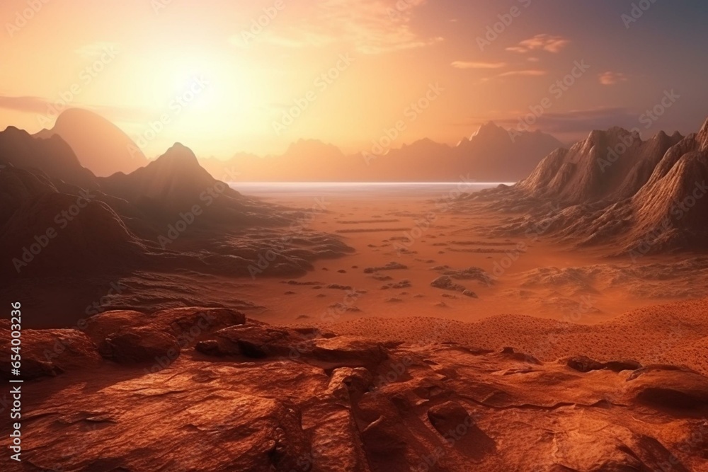Mars landscape with sunset and sunrise, including a panoramic view and the enigmatic face. Created using 3D rendering. Generative AI