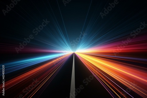 Fast-moving light stripes reflect on dark road. Science and technology illustration. Generative AI