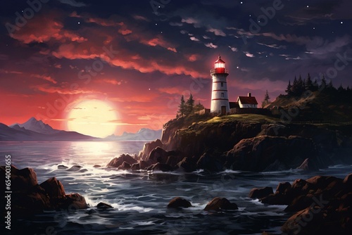 Nighttime artwork showcasing a lighthouse standing on an island. Generative AI © Xander