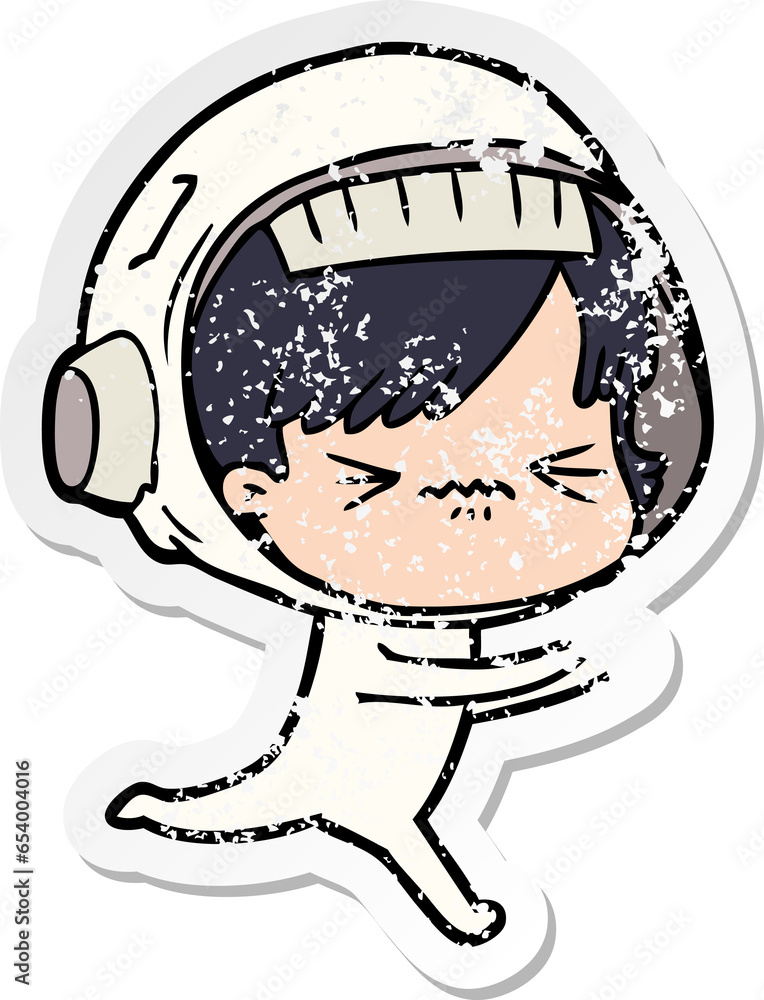distressed sticker of a cartoon astronaut woman distressed sticker of a cartoon astronaut woman
