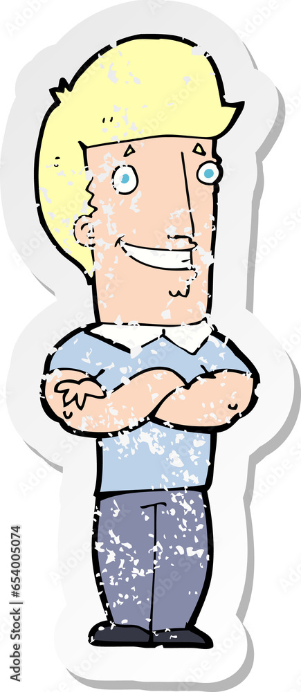 retro distressed sticker of a cartoon man with folded arms grinning retro distressed sticker of a cartoon man with folded arms grinning