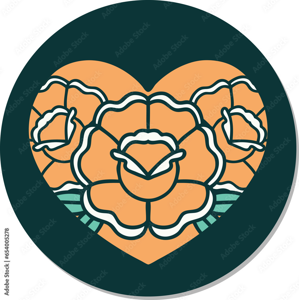 sticker of tattoo in traditional style of a heart and flowers sticker of tattoo in traditional style of a heart and flowers