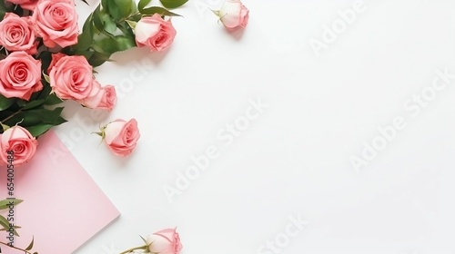 Workspace with laptop, roses, and clipboard on white