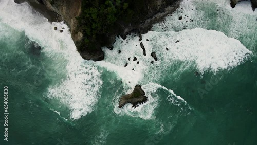 Aerial view of Matapalo's beach in Costa Rica, waves crashing against the rocks. Paradisiacal view of a white sandy beach photo