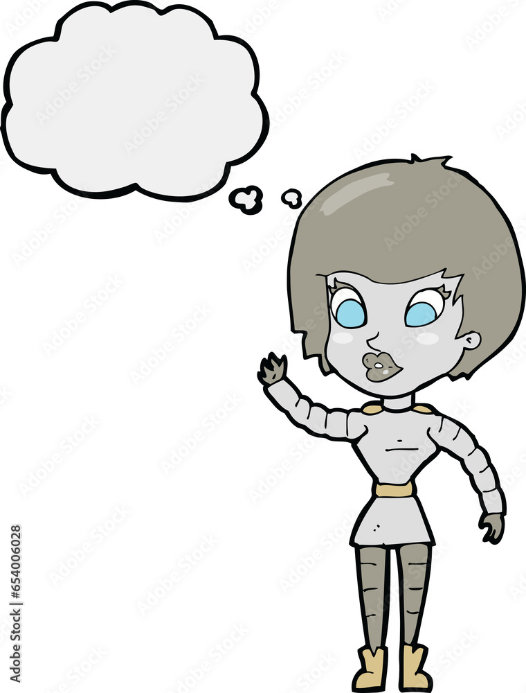 cartoon robot woman waving with thought bubble