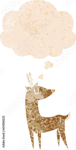 cartoon deer with thought bubble in grunge distressed retro textured style